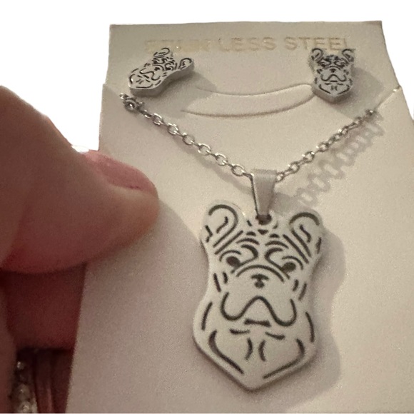 Stainless Steel Silver Frenchie Dog Cut Metal Necklace and Earring Set - Picture 3 of 4
